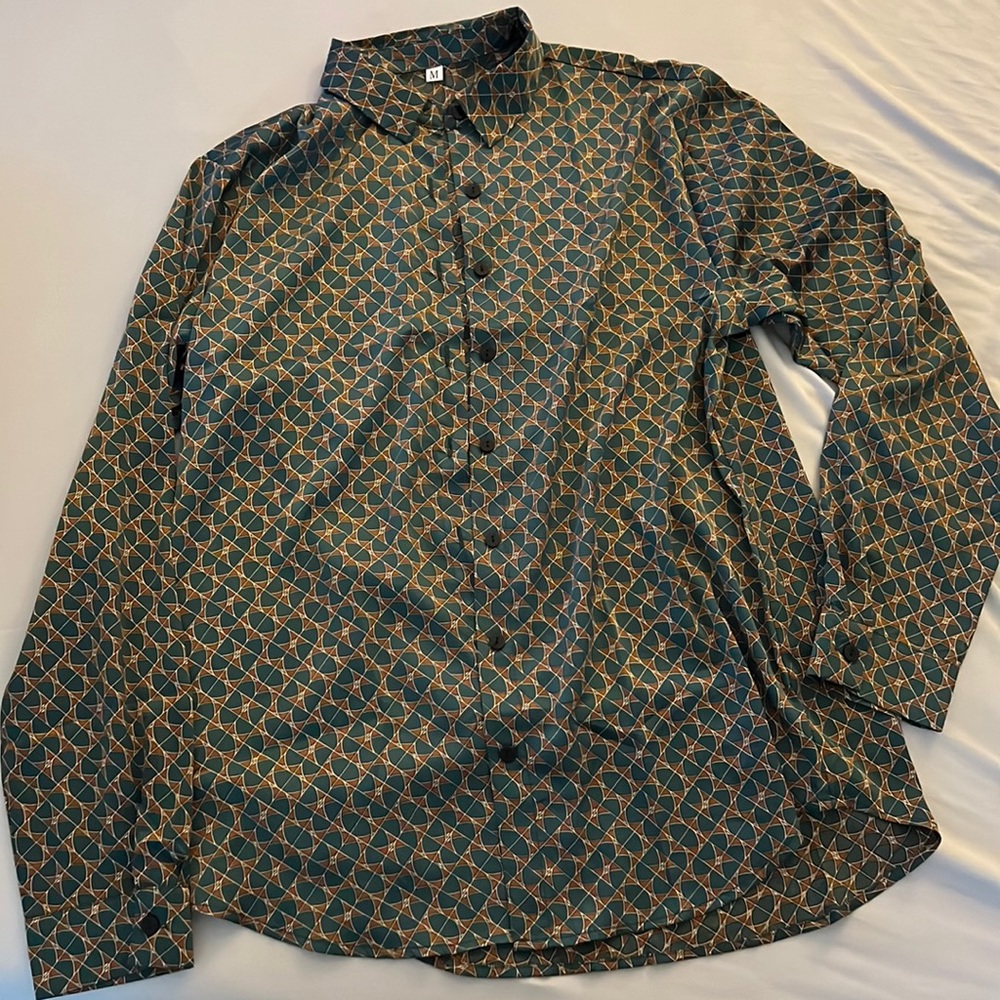 Satin button up shirt. Green and brown designs. SHEIN size M